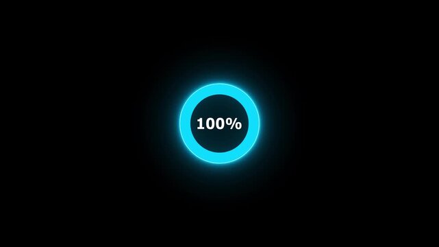 Complete 100 percent loading represented by a bright blue neon circular progress bar on black percentage