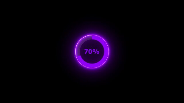 Purple neon loading circle showing 70 percent on black background progress ring