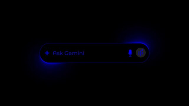 Digital interface with blue text Ask Gemini and microphone icon on black background AI assistant voice command
