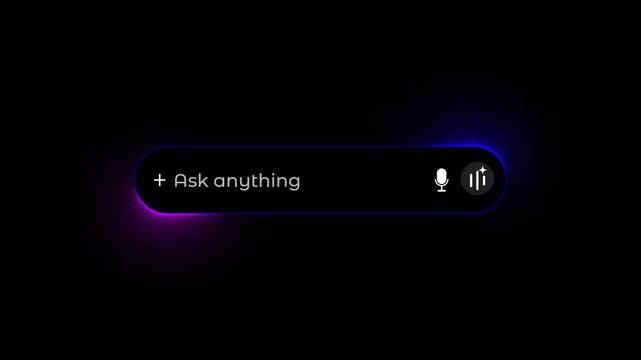 Digital interface with white text Ask anything and dual colored glow on black background AI assistant