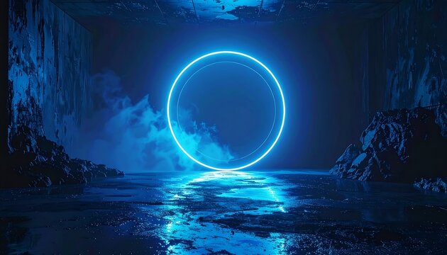Blue neon ring in a dark, rocky cave