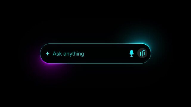 Digital Search Bar with Cyan Neon Glow and Microphone Icon on Black Background input field text box
