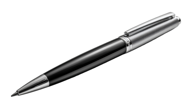 Elegant silver and black ballpoint pen with textured details isolated on transparent background