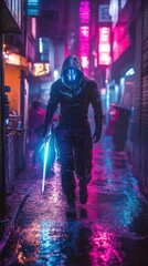 Futuristic figure with glowing sword in neon alley