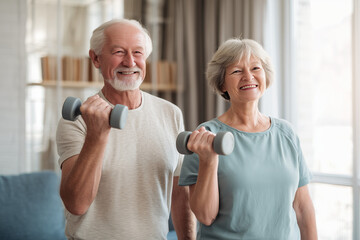 Happy senior couple exercising at home with dumbbells, healthy aging lifestyle.