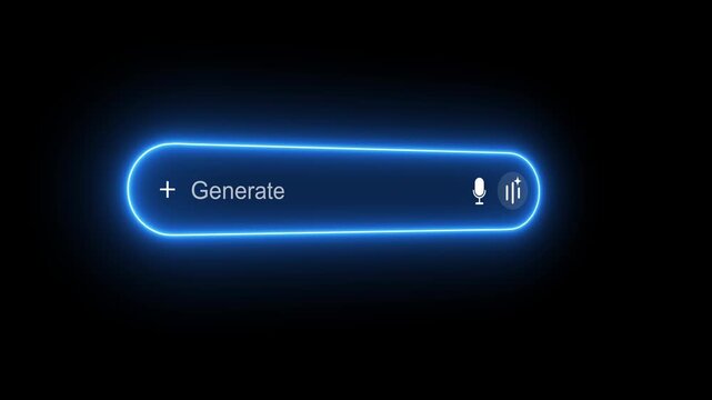 Glowing Blue Neon Search Bar with Generate Text and Microphone Icon on Black Background input field text box