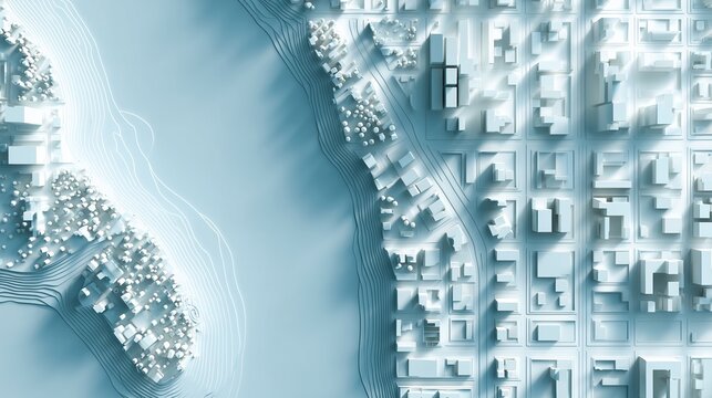 Aerial view of a monochromatic white city model with river and contoured terrain, concept for urban planning, architectural visualization and infrastructure development