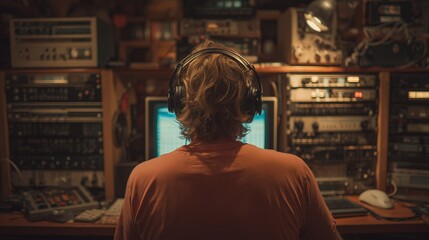 Fototapeta premium Rear view of sound engineer wearing headphones working at audio mixing console with electronic equipment, concept for music production, audio post production and broadcast engineering
