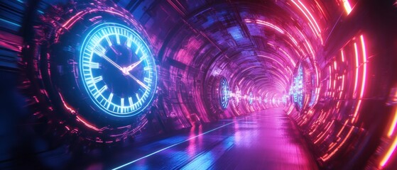 Futuristic tunnel with clock neon lights and reflections