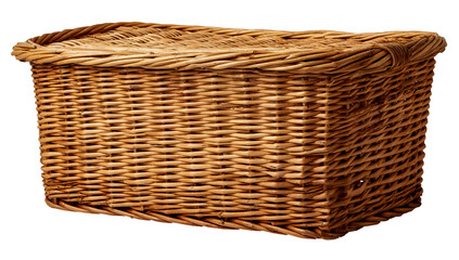 Rustic woven wicker storage basket with lid isolated on transparent background