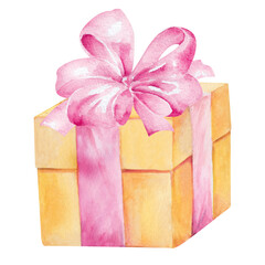 Yellow gift box with pink satin ribbon bow hand drawn Watercolor illustration isolated on white. Festive pastel colored present clipart for holiday party design, birthday, valentines, mother's day