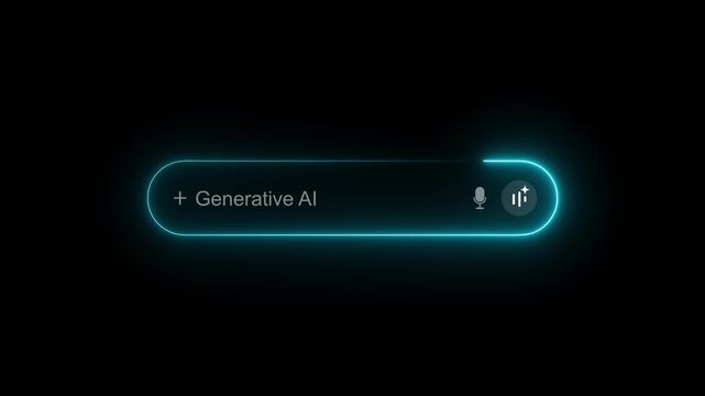 Cyan Neon Search Bar with Generative AI Text and Microphone Icon on Dark Background input field text box