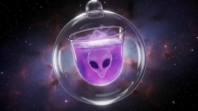 Alien-themed potion in glass orb against cosmos