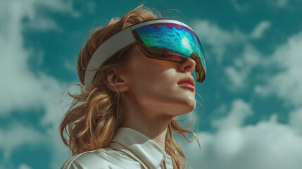 A woman wearing a vibrant futuristic visor gazes upwards under a cloudy sky. Her light colored shirt contrasts against the vivid hues of the visor