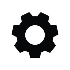 Black gear icon on a white background symbolizing settings, machinery, engineering, or technology. Simple vector illustration perfect for digital interfaces, web design, and automation concepts.