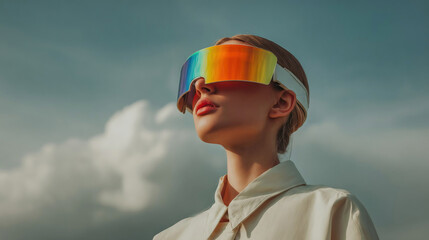A woman wearing a vibrant futuristic visor gazes upwards under a cloudy sky. Her light colored shirt contrasts against the vivid hues of the visor