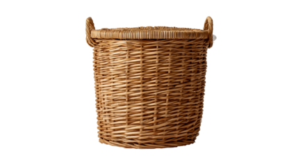Tall woven wicker basket with handles isolated on transparent background