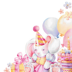 Plush bunny toy in dress, party hat, cake, balloons, gift box with ribbon bow. Hand drawn watercolor corner illustration isolated on white. Pastel square frame for children's and birthday design cards