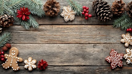 Festive Christmas Decorations on Rustic Wooden Background