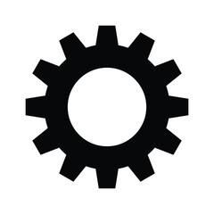 Black gear icon on a white background symbolizing settings, machinery, engineering, or technology. Simple vector illustration perfect for digital interfaces, web design, and automation concepts.