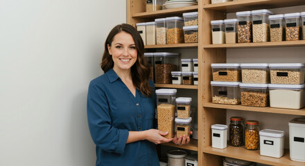 Smiling woman organizing her kitchen pantry with food storage containers. Tidy shelves with labeled jars of dry goods. Home organization and healthy lifestyle concept with copy space