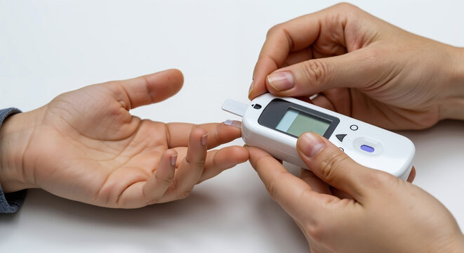 Person measuring blood glucose level with digital glucometer. Close-up of finger test for diabetes management. Healthcare and medical checkup concept
