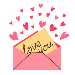 Love envelope with letter inside. I love you. Valentines Day. Vector Illustrations
