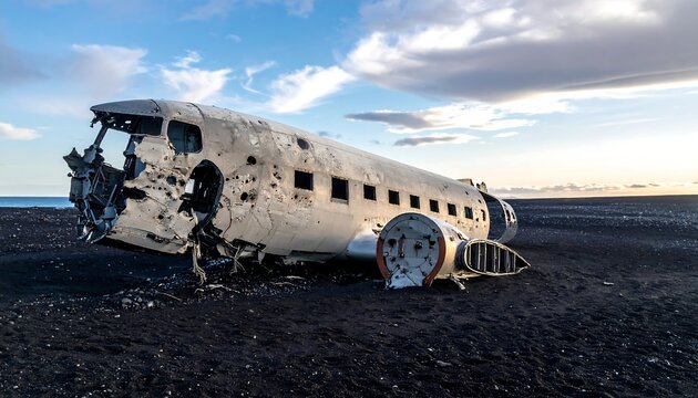 A wrecked airplane on a black sand beach