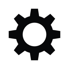 Black gear icon on a white background symbolizing settings, machinery, engineering, or technology. Simple vector illustration perfect for digital interfaces, web design, and automation concepts.