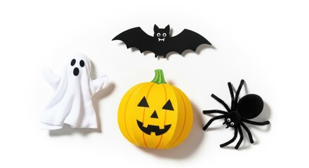 Fototapeta premium Halloween Decorations Featuring A Ghost Pumpkin Bat And Spider On White Background