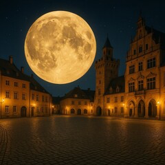 A captivating scene of a historical town square under the soft glow of the moon