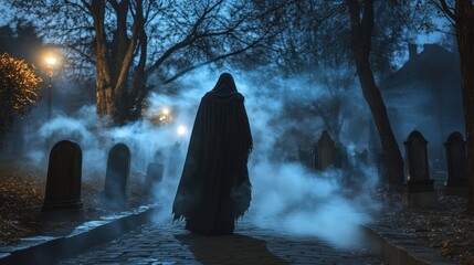 Silhouette figure in a hooded cloak walking in graveyard