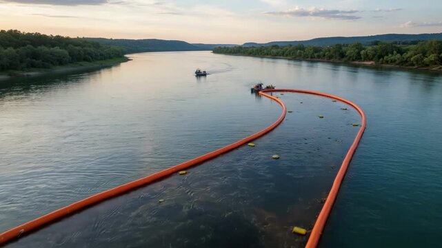 Medium shot capturing river oil spill containment system with inflatable barriers curving along the current to isolate contaminated water.