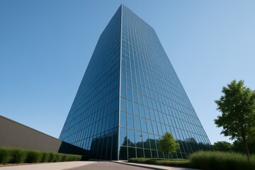 A modern high-rise office building with a sleek glass facade, representing progress and innovation against a bright blue sky