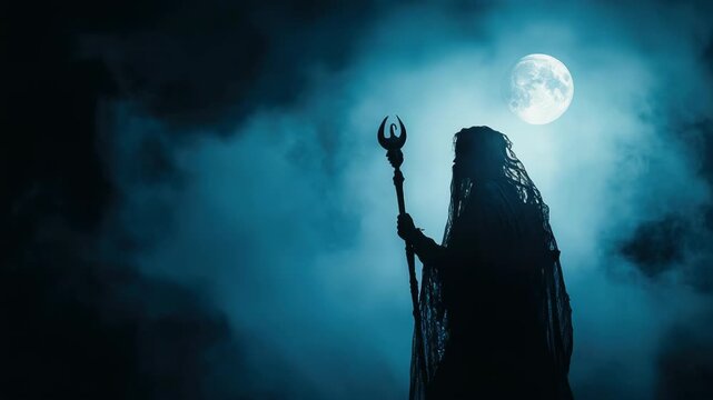 Silhouetted figure holding staff under full moon Mysterious, eerie and mystical atmosphere