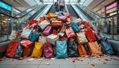Massive pile of shopping bags during holiday sales at a busy mall