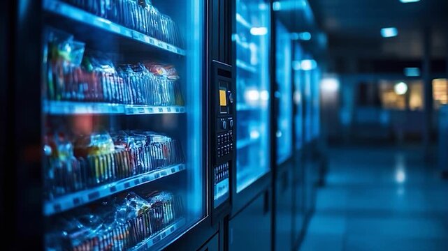Vending Machines Lined Up In A Hallway With Blue Lighting.