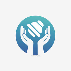 Obraz premium Hands holding a planet in a blue circle logo design.