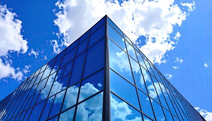Modern glass building corner against a vibrant blue sky with white clouds