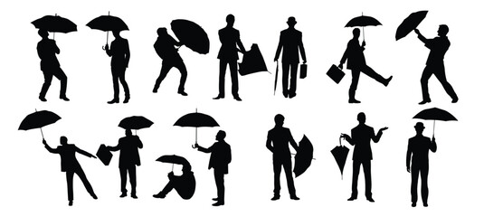 man with umbrella silhouette set