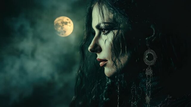 Profile of woman in gothic attire with moonlit background