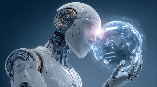 Futuristic robot holds a glowing digital globe in its metallic hand