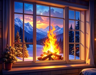 Cozy winter view from a window