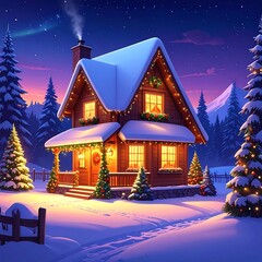 Cozy winter cabin, snow-covered, illuminated