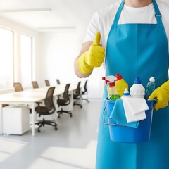 Professional Cleaning Service Concept  Cleaner with Cleaning Supplies and Thumbs Up Gesture in Modern Office or Classroom