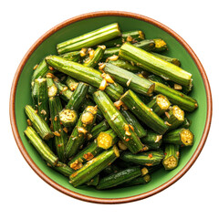 Freshly Cooked Okra Stir-Fry in a Green Bowl, Perfect for Healthy Meals and Side Dishes on transparent background