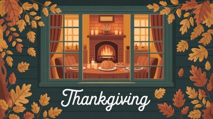 Thanksgiving dinner scene viewed through a window with fall leaves and a cozy fireplace inside
