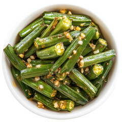 Freshly Cooked Okra with Garlic and Seasoning in a White Bowl on transparent background