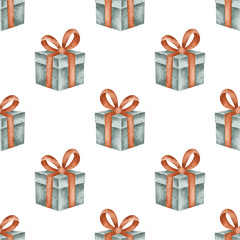 Seamless watercolor pattern with cute blue gift boxes and red ribbons. Perfect for wrapping paper, greeting cards, and festive designs.