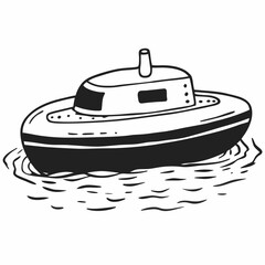 A simple hand-drawn black and white toy boat floating on the water and telling a story about boys' dreams of unprecedented voyages.
